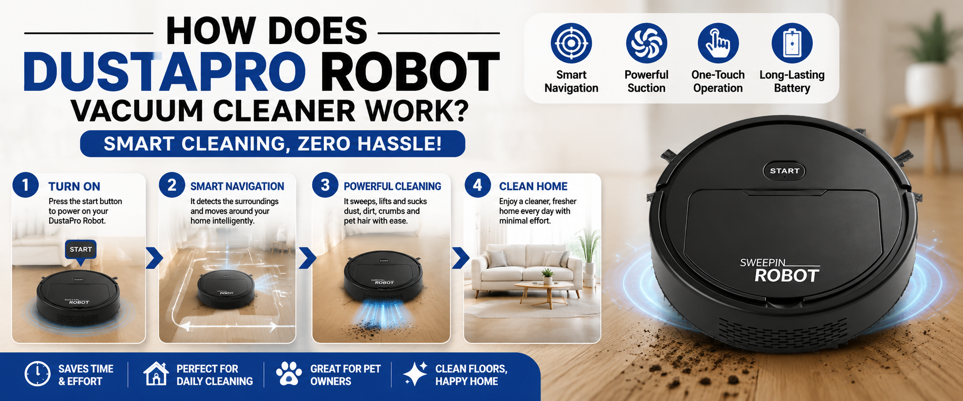 How DustaPro Robot Vacuum Cleaner works — 4 step diagram