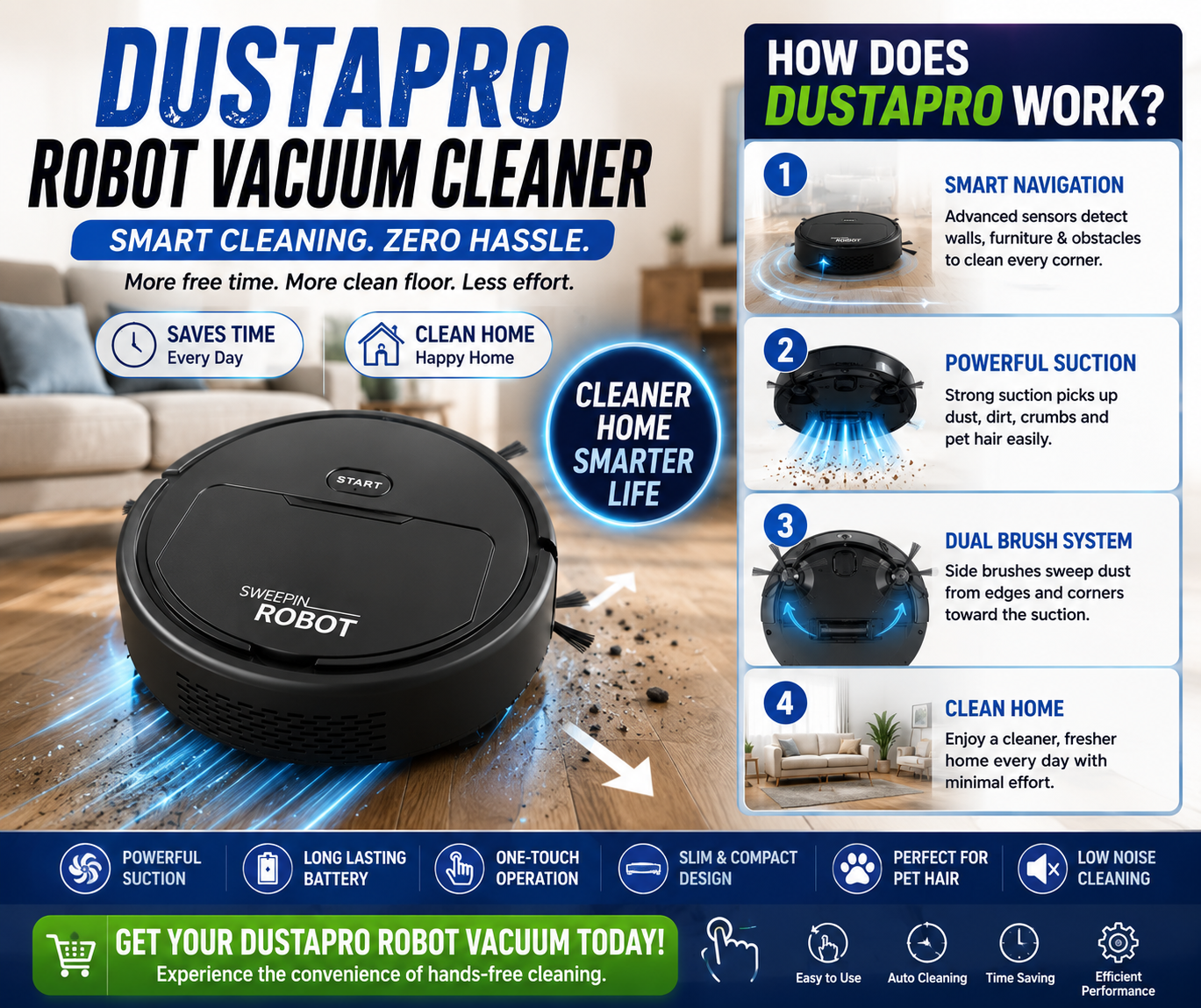 DustaPro Robot Vacuum Cleaner features overview